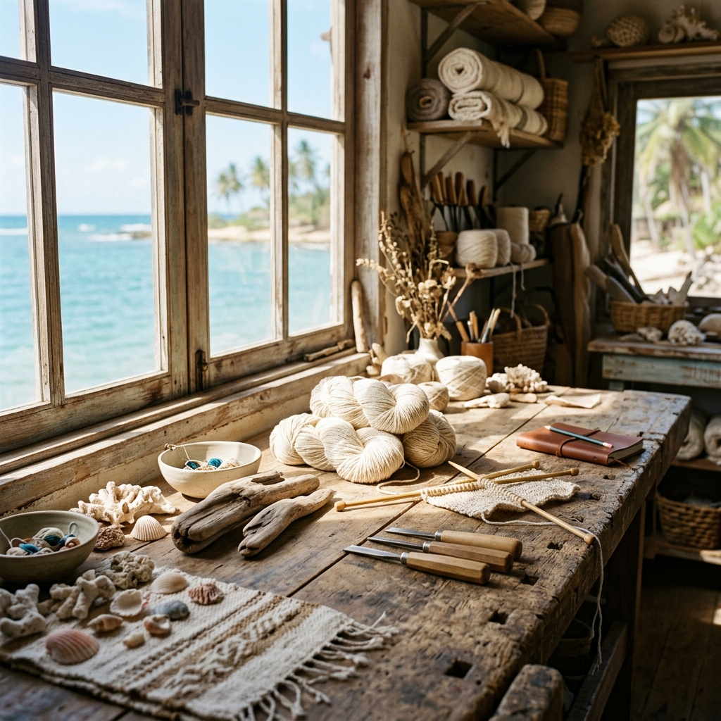 Mesa de taller artesanal junto a la ventana frente al mar Caribe en Isla de Margarita